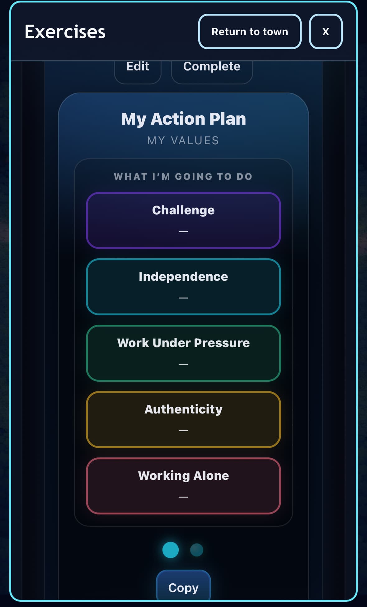 Life Maxxr action plan still showing chosen values arranged into a next step.